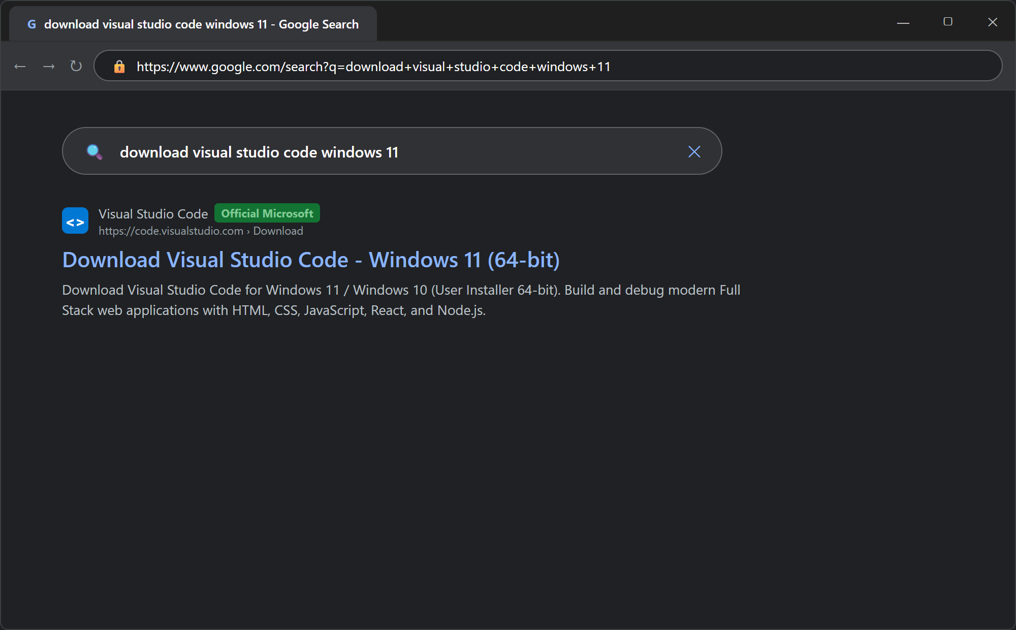 Step 1: Search for VS Code on Google Chrome Windows 11
