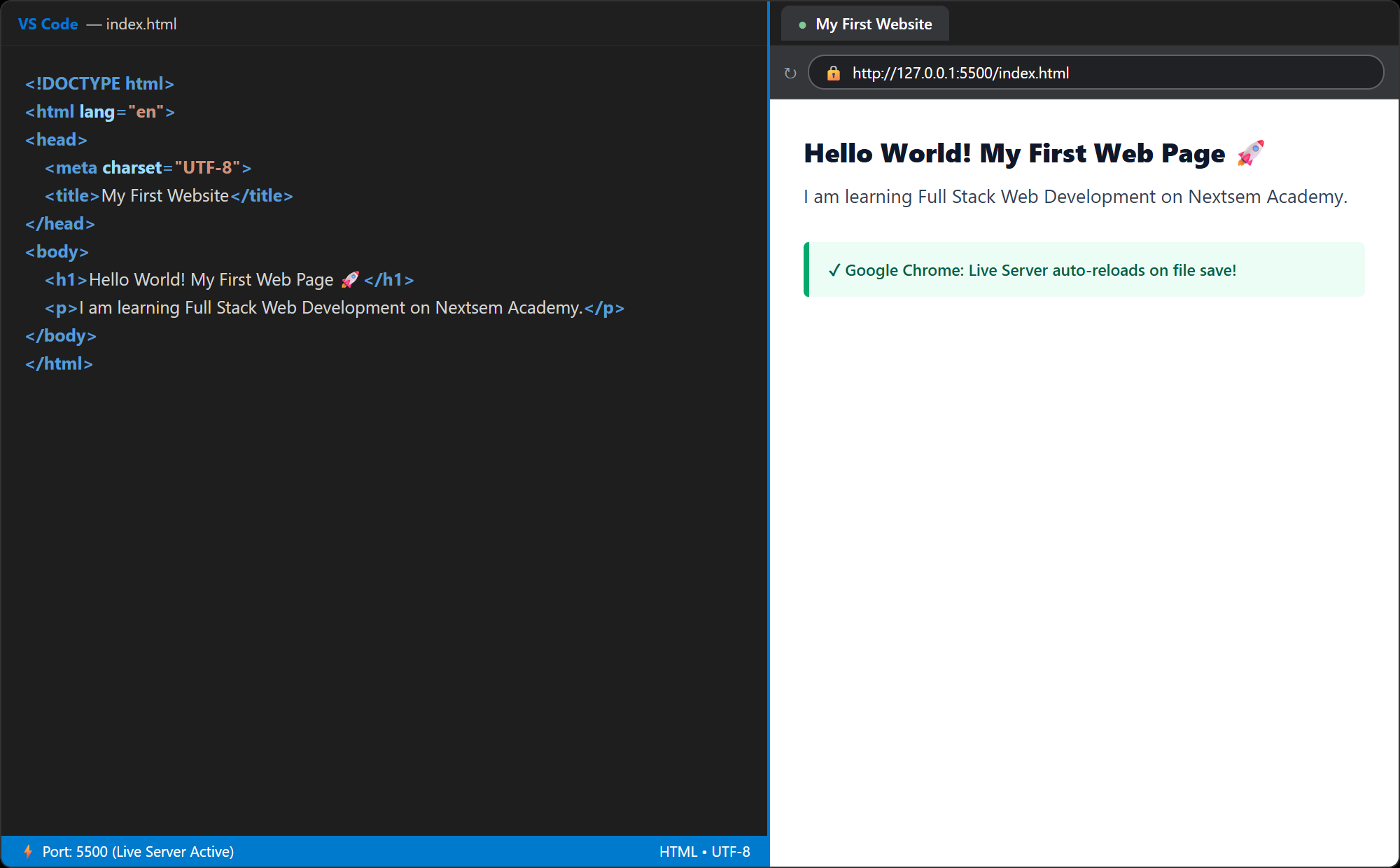 Step 7: Visual Studio Code on Windows 11 and Google Chrome Live Server Preview